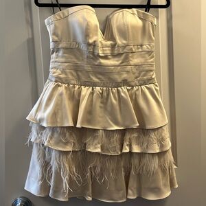 Bebe Strapless Dress with Feathers and Boning